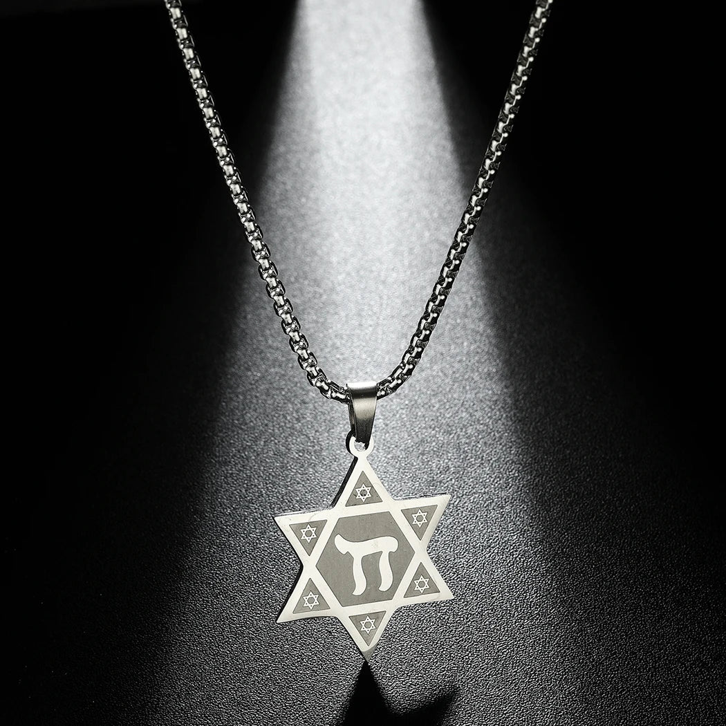 Star of David & Chai Pendant Necklace - Stainless Steel Kabbalah Jewelry