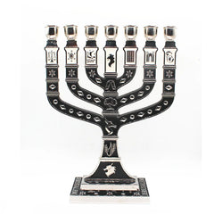 7-Branched Menorah Candelabra with Jerusalem and 12 Tribes Design