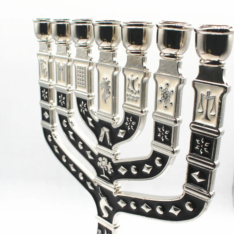 7-Branched Menorah Candelabra with Jerusalem and 12 Tribes Design