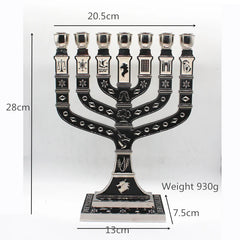 7-Branched Menorah Candelabra with Jerusalem and 12 Tribes Design