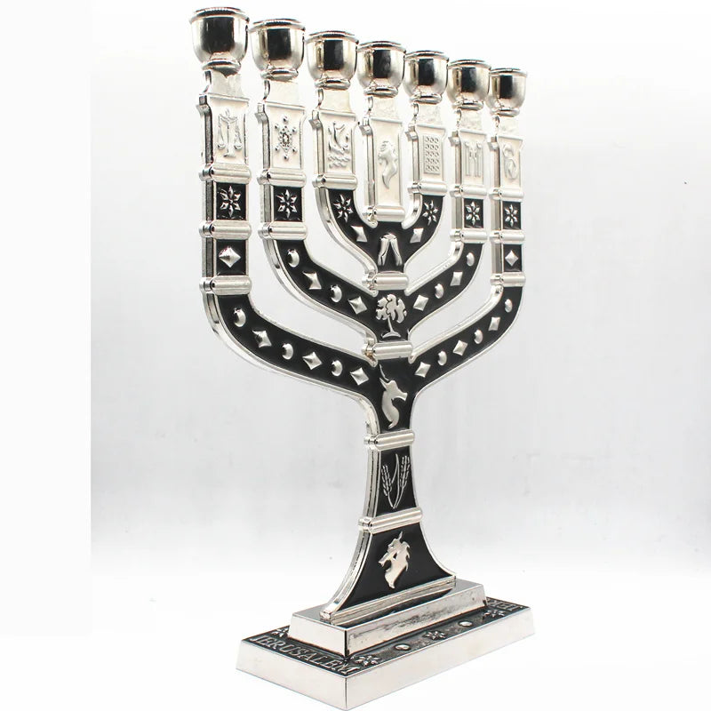 7-Branched Menorah Candelabra with Jerusalem and 12 Tribes Design