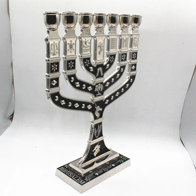 7-Branched Menorah Candelabra with Jerusalem and 12 Tribes Design