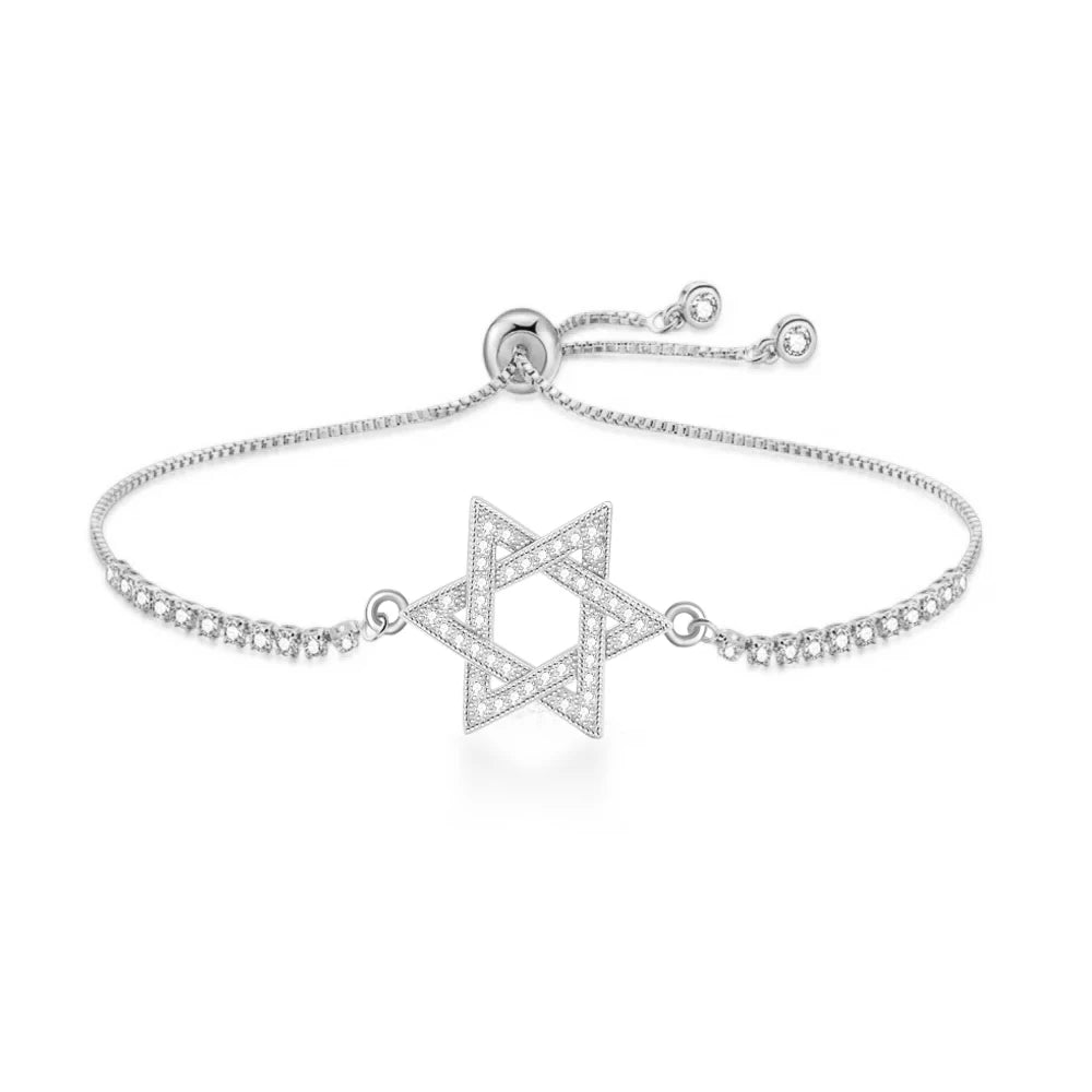 White Cubic Zirconia Star of David Charm Bracelet - Six-Point Jewish Design