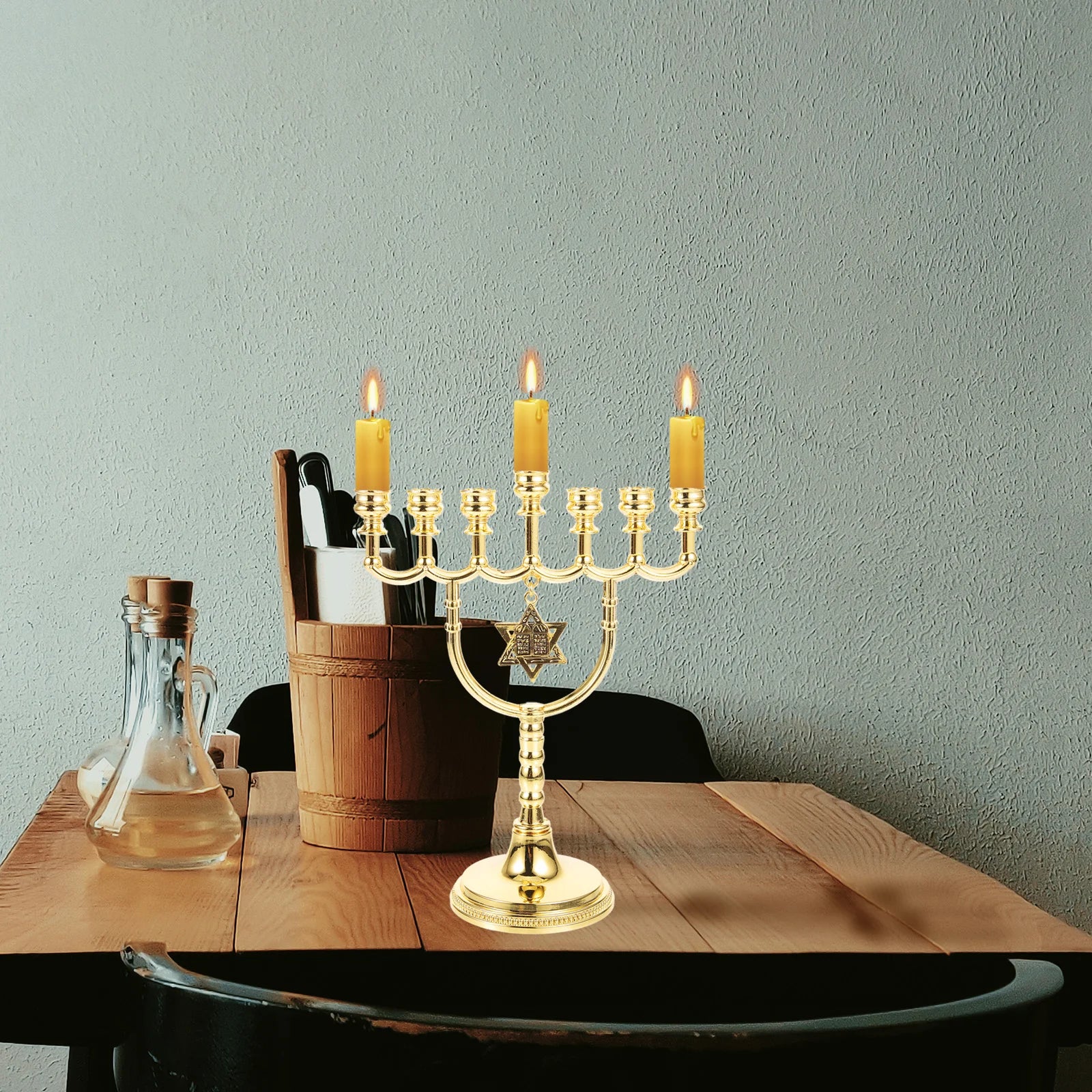 Gold Seven-Headed Menorah Candlestick Holder