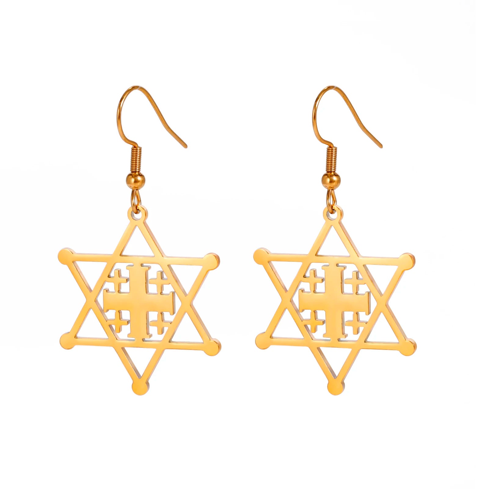 Star of David Cross Women's Earrings - Double Layered Hexagonal Star, Vintage Stainless Steel Jewish Jewelry Gift