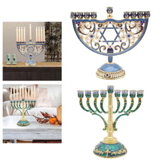 Enameled Metal Hanukkah Menorah with Jeweled Accents Bejeweled Jewish Candlesticks