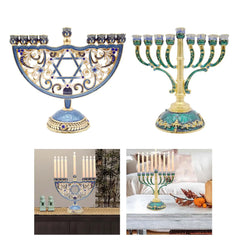 Enameled Metal Hanukkah Menorah with Jeweled Accents Bejeweled Jewish Candlesticks