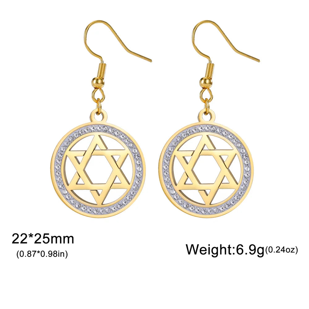 Star of David Dangle Earrings for Women & Girls - Hexagram Moon Pendant with Zircon, Stainless Steel Israel Jewish Jewelry Charm