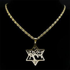 Magen Star of David Tree of Life Necklace - Gold Color Hollow Hexagram Pendant