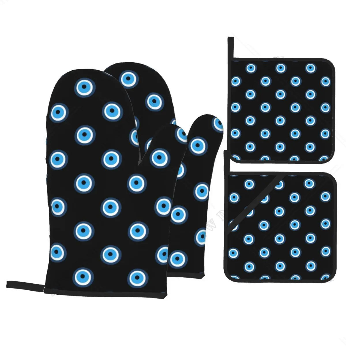 Evil Eye Hamsa Hand Pattern Oven Mitts & Pot Holders Set (4PC)