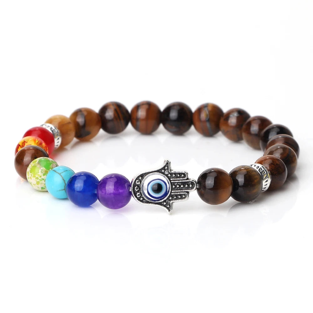 7 Chakra Bracelet - Natural Tiger Eye, Lava, Onyx & Agate Beads with Turkish Evil Eye & Hand of Fatima Charms