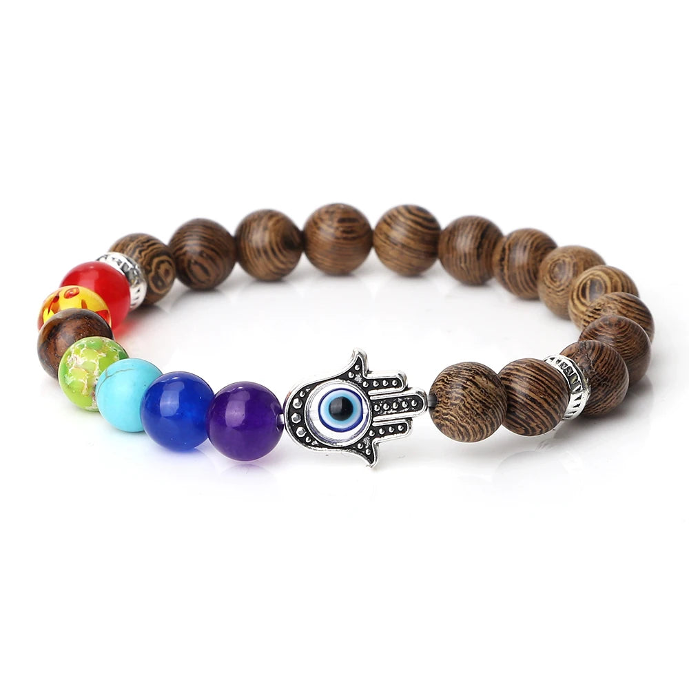 7 Chakra Bracelet - Natural Tiger Eye, Lava, Onyx & Agate Beads with Turkish Evil Eye & Hand of Fatima Charms