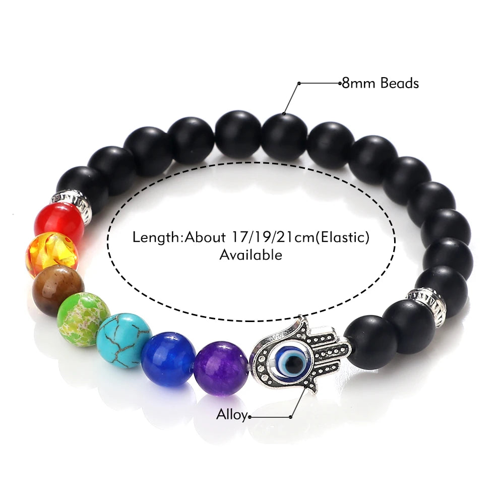 7 Chakra Bracelet - Natural Tiger Eye, Lava, Onyx & Agate Beads with Turkish Evil Eye & Hand of Fatima Charms