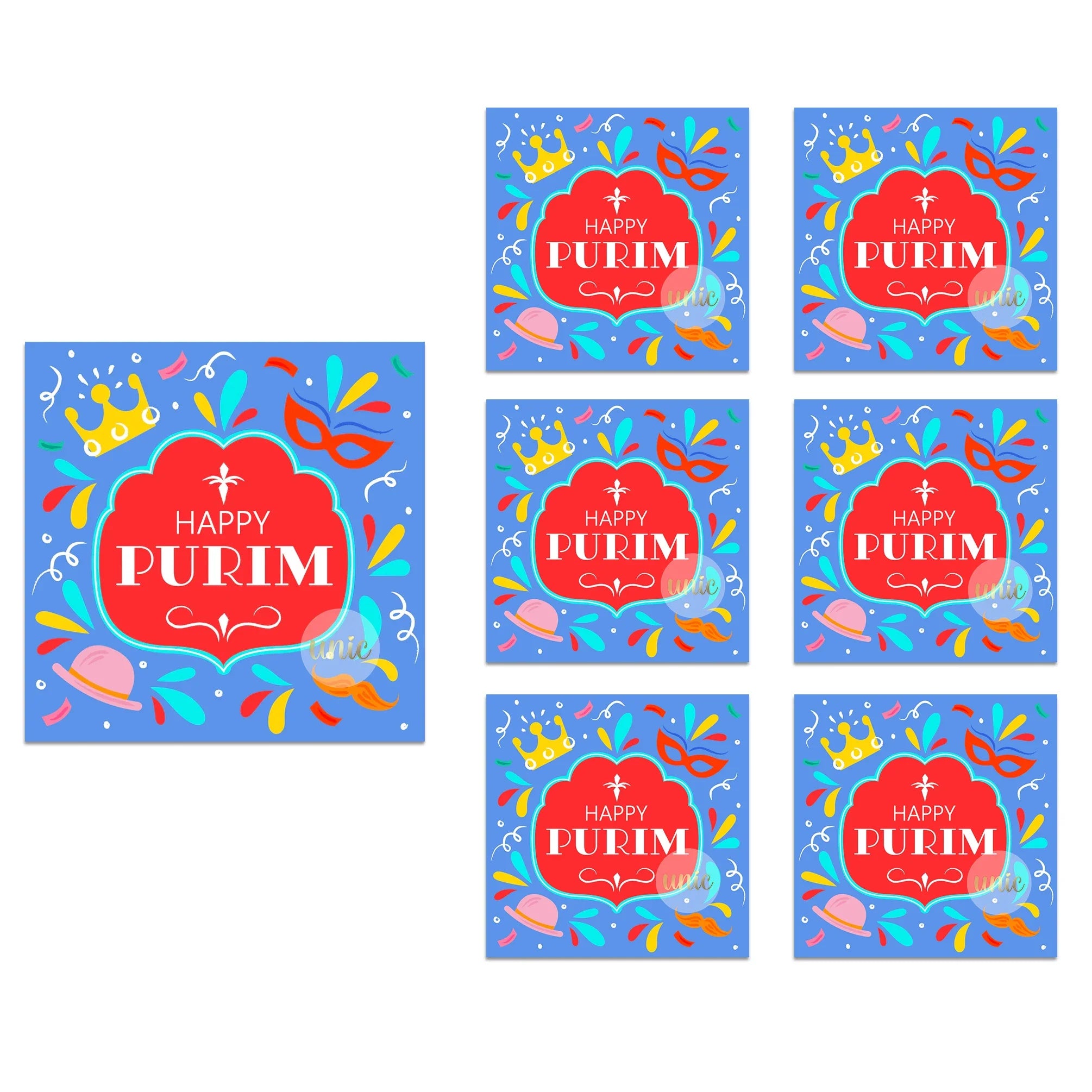 Purim Celebration Stickers – Self-Adhesive Square Labels for Jewish Holiday Gift Bag Decor