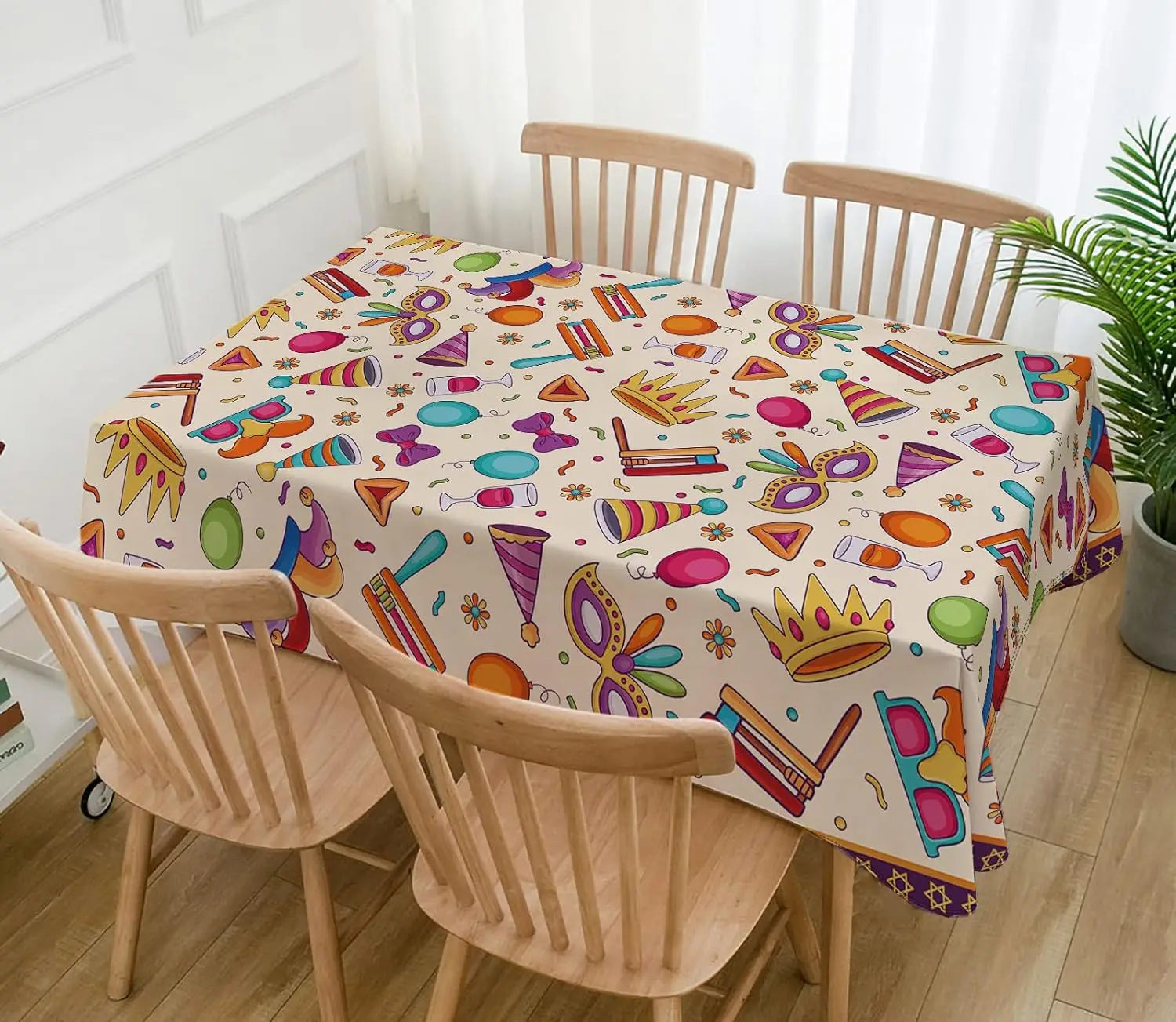 Happy Purim Rectangle Tablecloth – Waterproof Jewish Carnival Party Decor with Masque & Crown