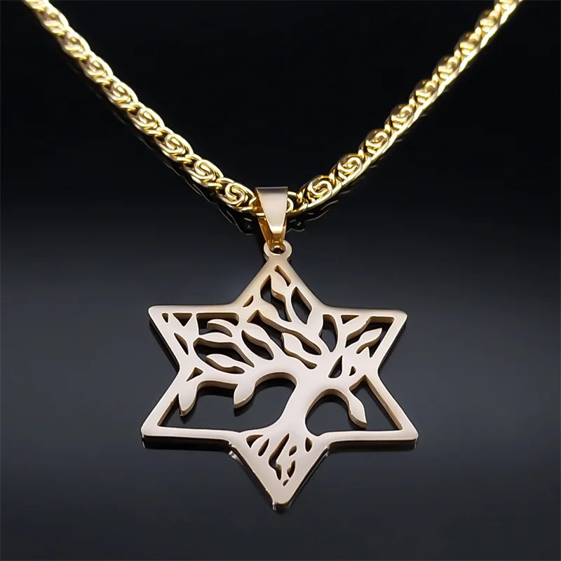 Magen Star of David Tree of Life Necklace - Gold Color Hollow Hexagram Pendant