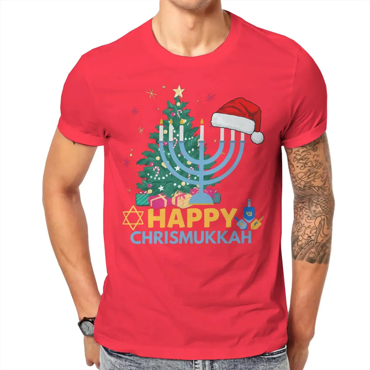 Funny Chrismukkah Harajuku T-Shirt - Happy Hanukkah Pattern Streetwear