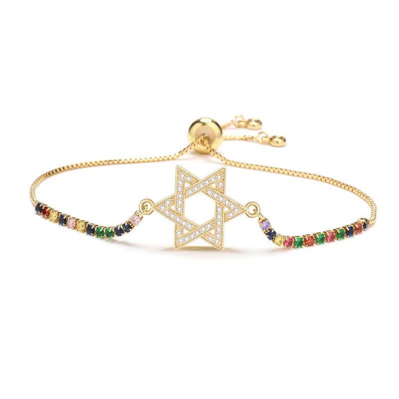 White Cubic Zirconia Star of David Charm Bracelet - Six-Point Jewish Design