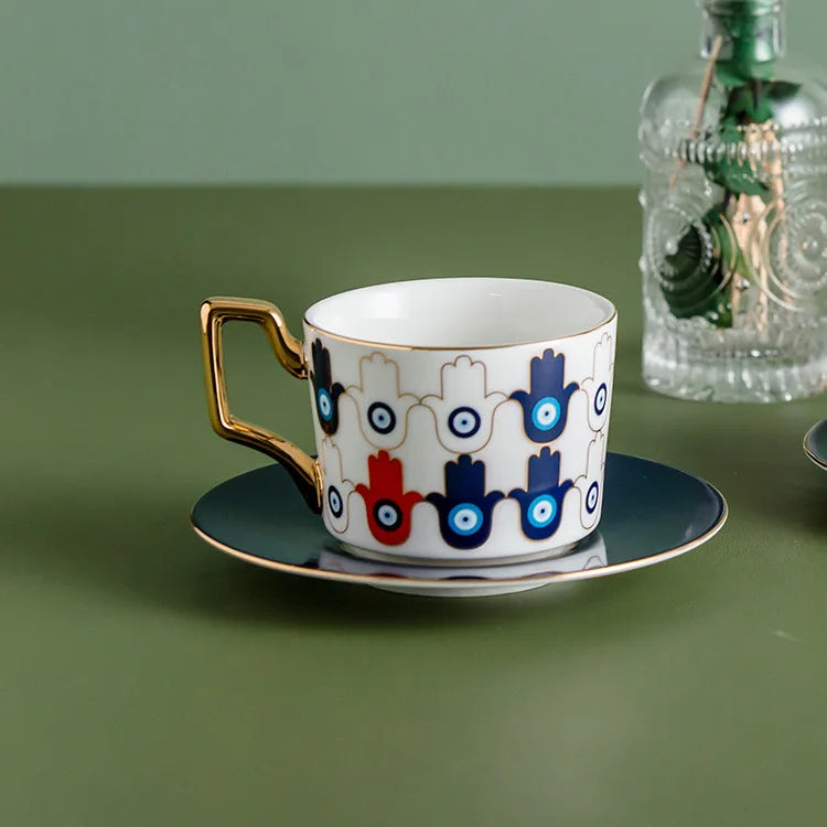 Blue Eyes Ceramic Coffee Mug - Porcelain Mug with Saucers (1 Set)