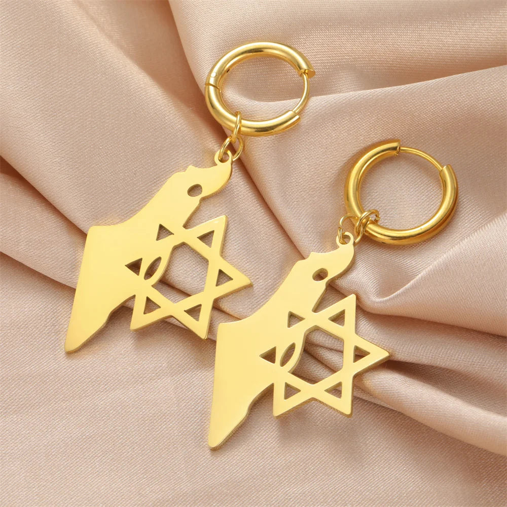 Star of David & Map of Israel Hoop Earrings - Stainless Steel Hexagram Jewelry