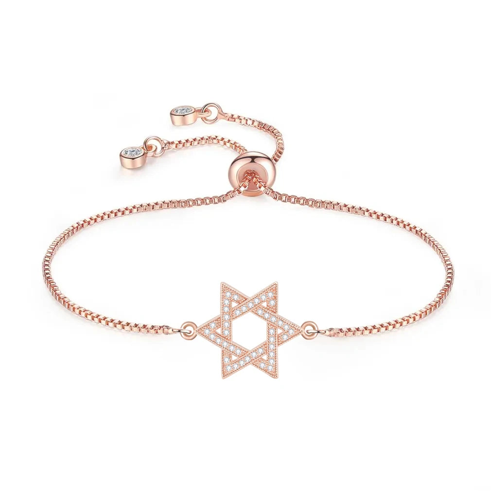 White Cubic Zirconia Star of David Charm Bracelet - Six-Point Jewish Design