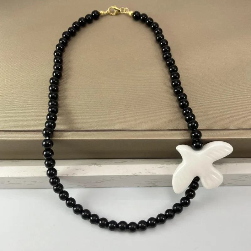 High-Grade White Ceramic Bird Peace Dove Pendant - Black Agate Bracelet/Necklace