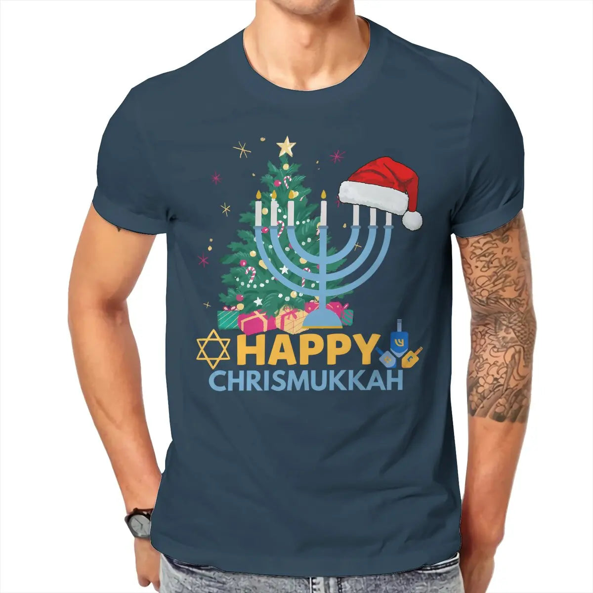 Funny Chrismukkah Harajuku T-Shirt - Happy Hanukkah Pattern Streetwear