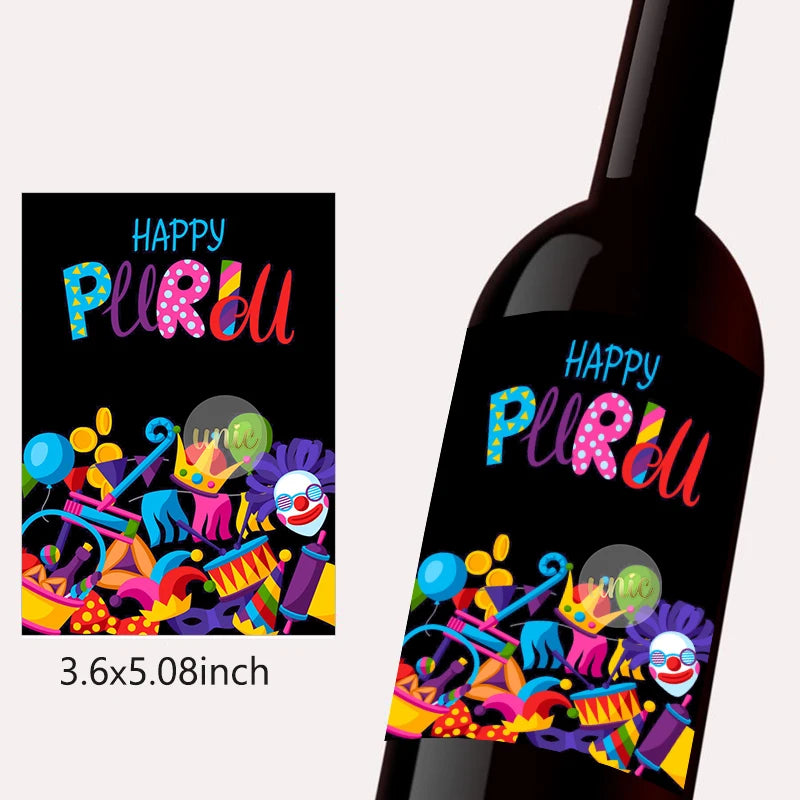 Purim Wine Bottle Labels – 12pcs Self-Adhesive Stickers for Jewish Festival Decor