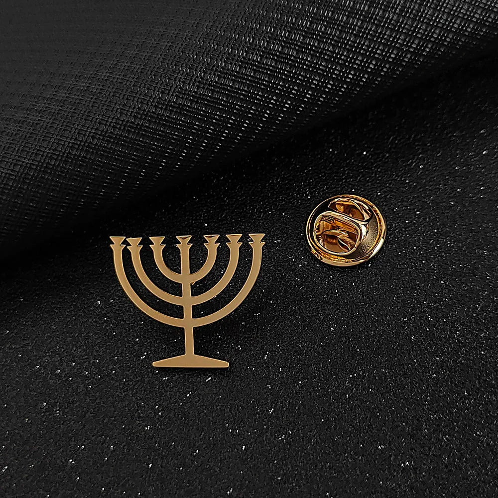 Jewish Menorah Men's Brooch - Stainless Steel Lapel Pin