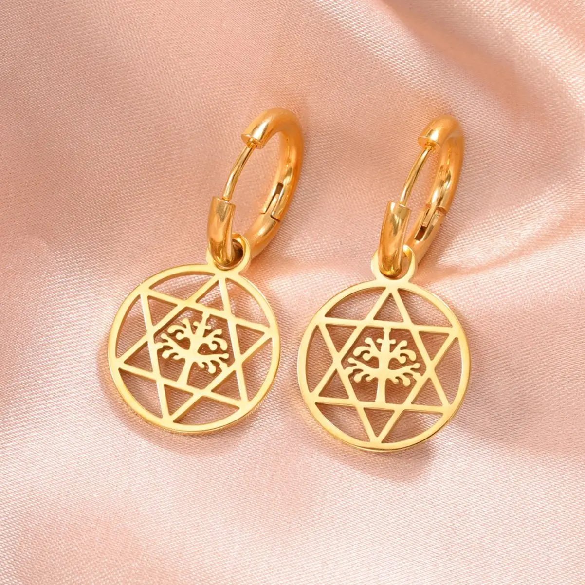 Star of David Dangle Drop Earrings and Tree of Kabbalah Design - Fashion Jewish Jewelry