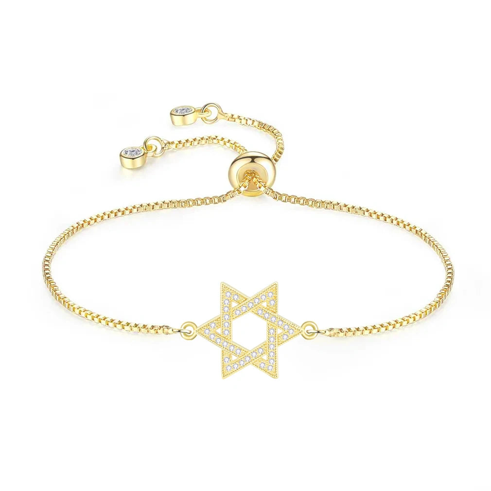 White Cubic Zirconia Star of David Charm Bracelet - Six-Point Jewish Design