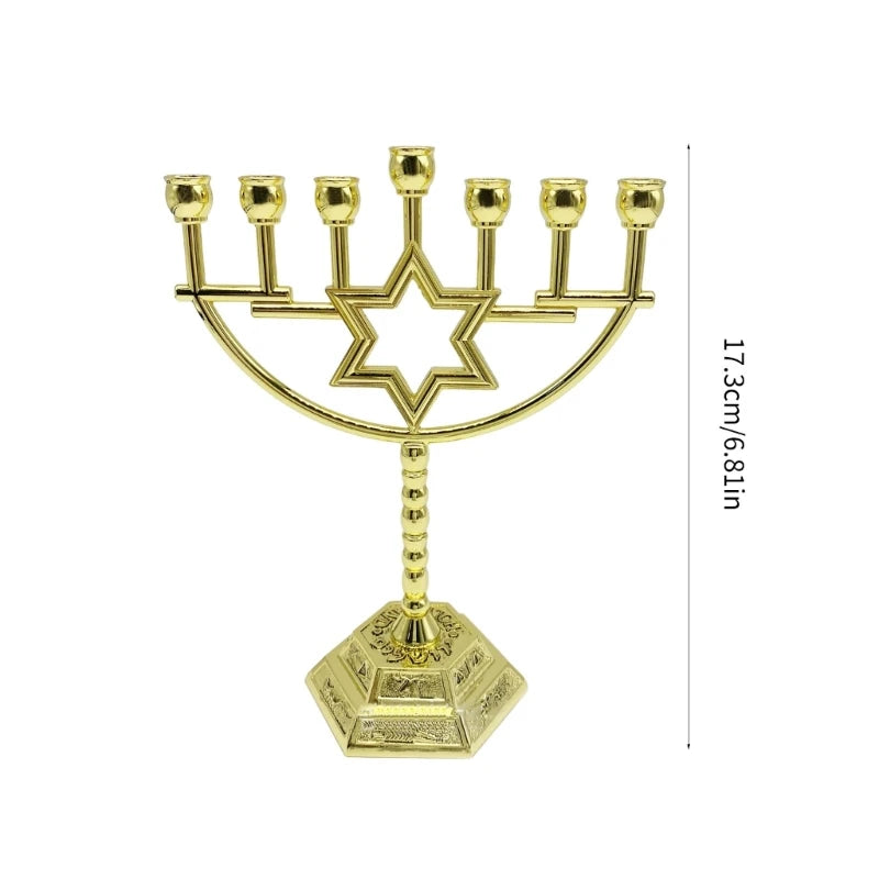 7 Branch Hexagonal Base Menorah with 12 Tribes and Star of David Design