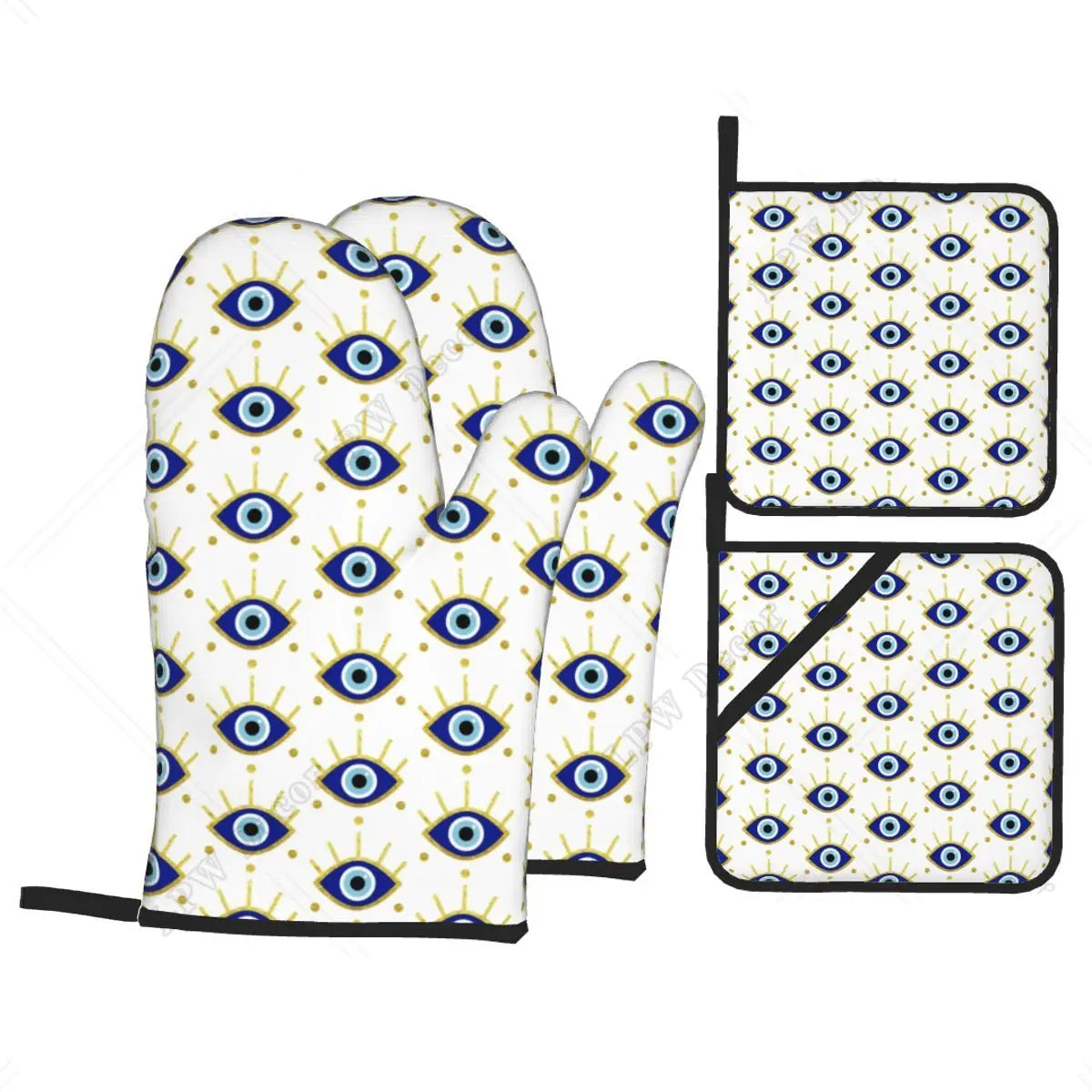 Evil Eye Hamsa Hand Pattern Oven Mitts & Pot Holders Set (4PC)