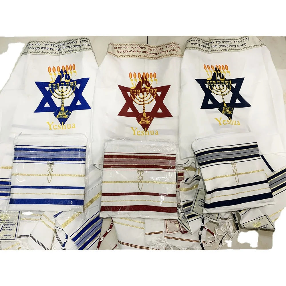 Menorah Tallit Scarf | Jewish Talit with Star of David | Religious Jerusalem Hanukkah Shawl | 50x180cm