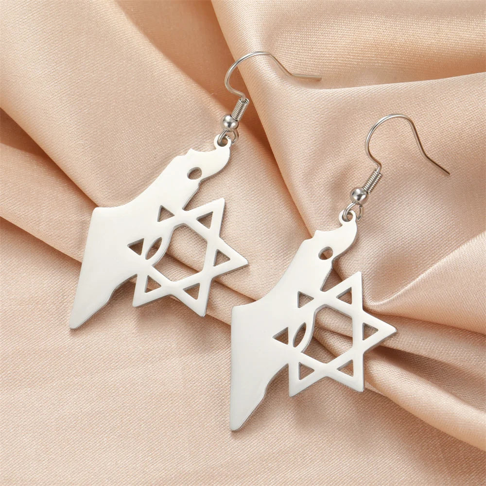 Star of David & Map of Israel Hoop Earrings - Stainless Steel Hexagram Jewelry