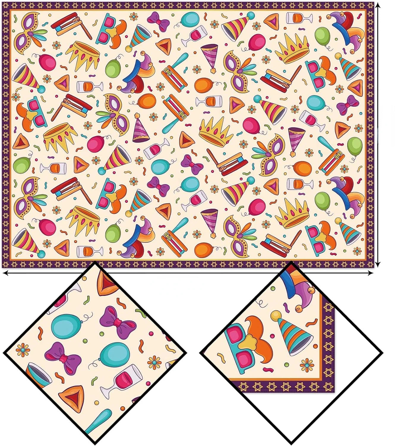 Happy Purim Rectangle Tablecloth – Waterproof Jewish Carnival Party Decor with Masque & Crown