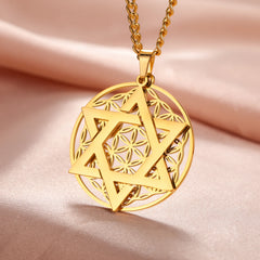 Star of David Pendant Necklace - Stainless Steel Viking Flower of Life Amulet Chain