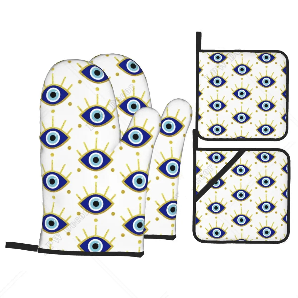 Evil Eye Hamsa Hand Pattern Oven Mitts & Pot Holders Set (4PC)