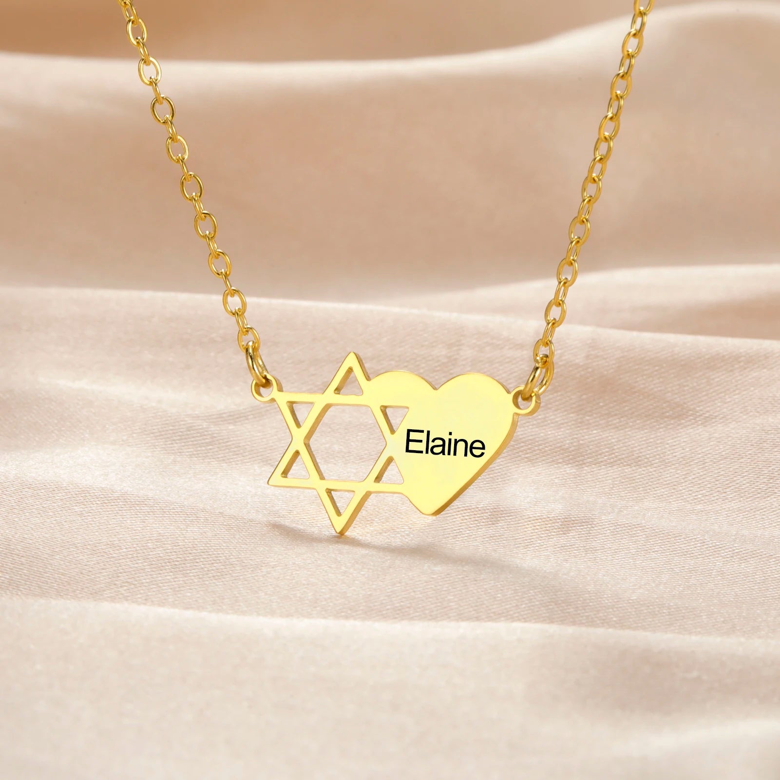 Personalized Jewish Name Necklace - Star of David Engraving Stainless Steel Heart Hexagram