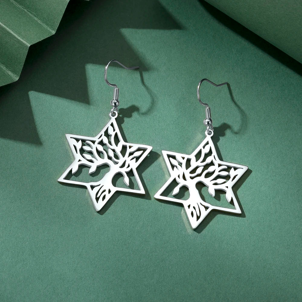 Tree of Life Dangle Earrings for Women - Stainless Steel Geometric Rhombus & Hexagram Star Fashion Jewelry Pendant