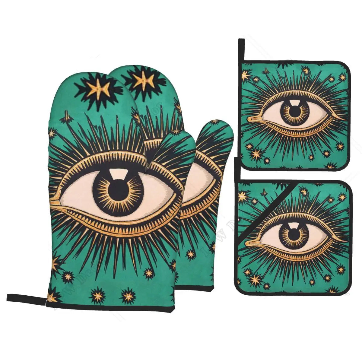 Evil Eye Hamsa Hand Pattern Oven Mitts & Pot Holders Set (4PC)