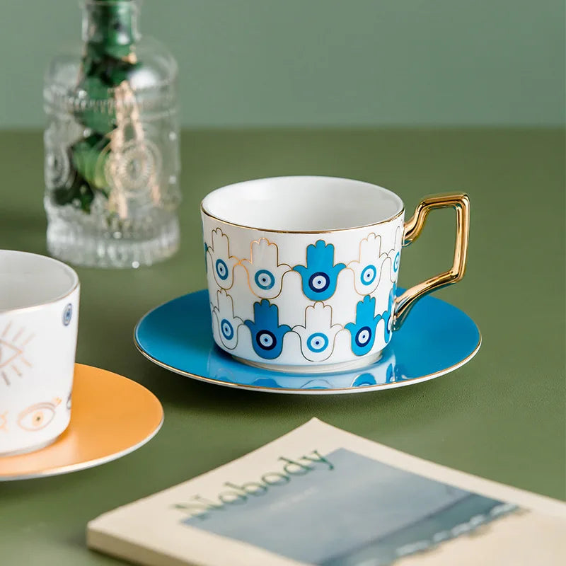 Blue Eyes Ceramic Coffee Mug - Porcelain Mug with Saucers (1 Set)