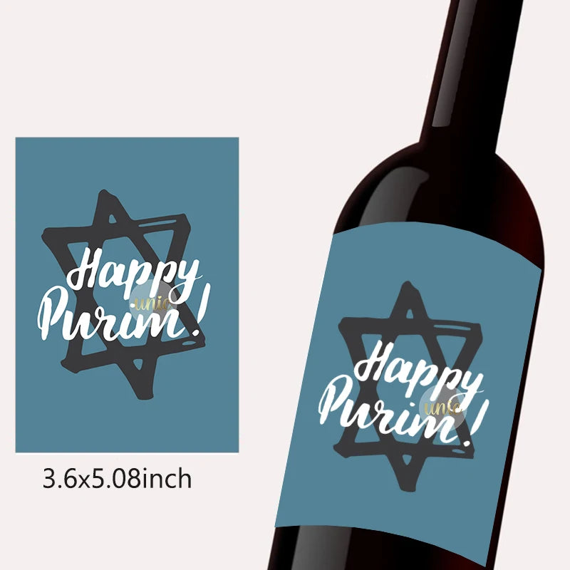 Purim Wine Bottle Labels – 12pcs Self-Adhesive Stickers for Jewish Festival Decor