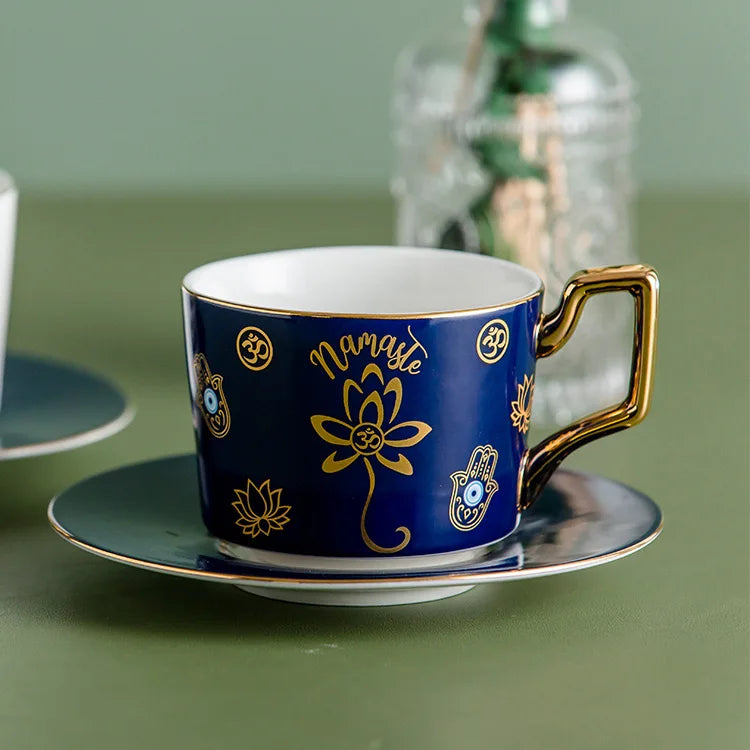 Blue Eyes Ceramic Coffee Mug - Porcelain Mug with Saucers (1 Set)