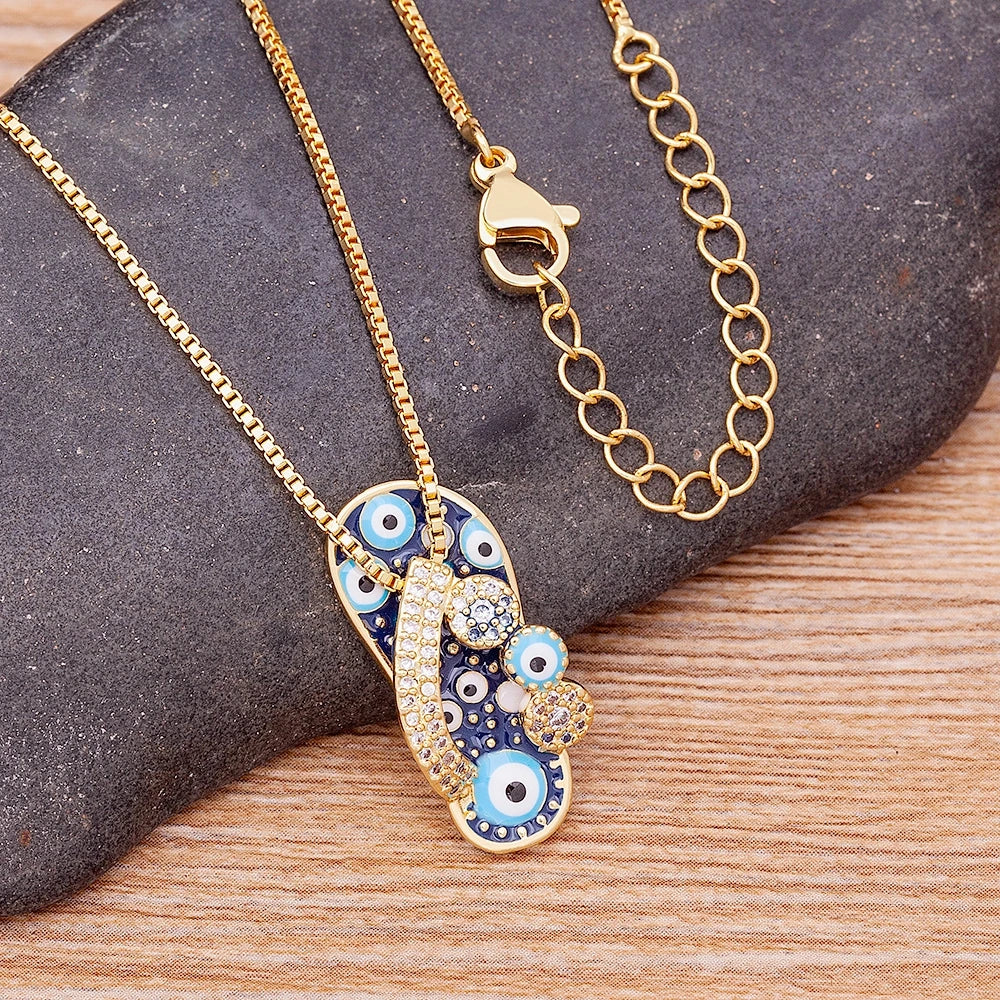 Enamel Slipper Evil Eye Pendant Necklace