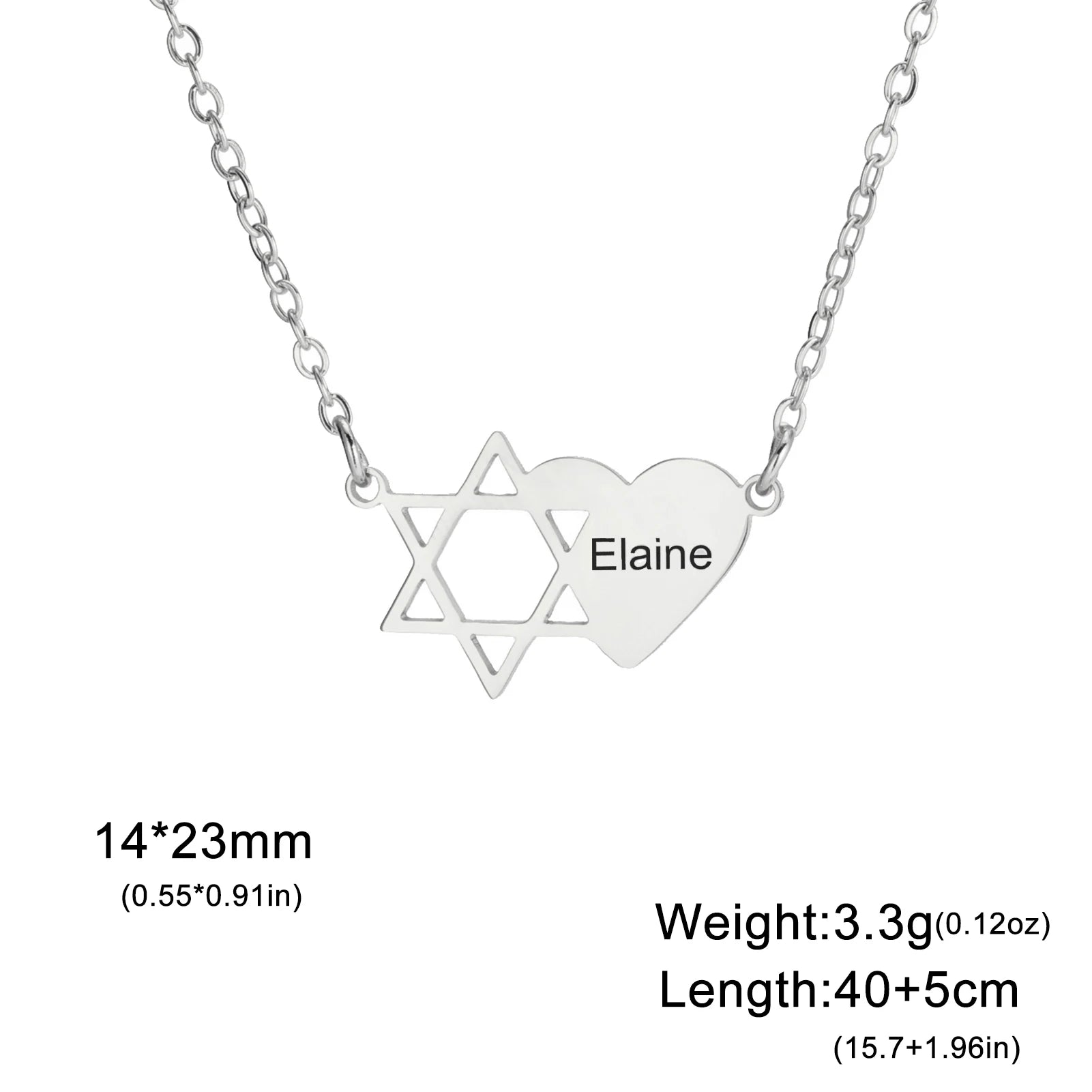 Personalized Jewish Name Necklace - Star of David Engraving Stainless Steel Heart Hexagram