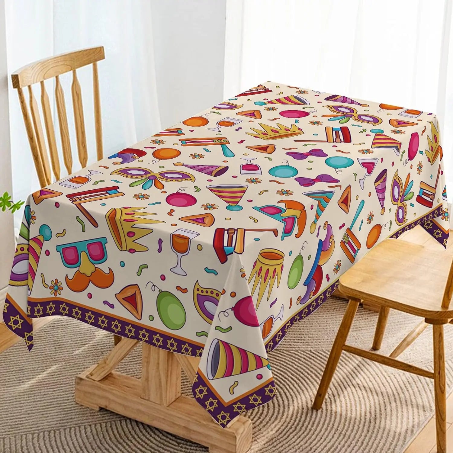 Happy Purim Rectangle Tablecloth – Waterproof Jewish Carnival Party Decor with Masque & Crown