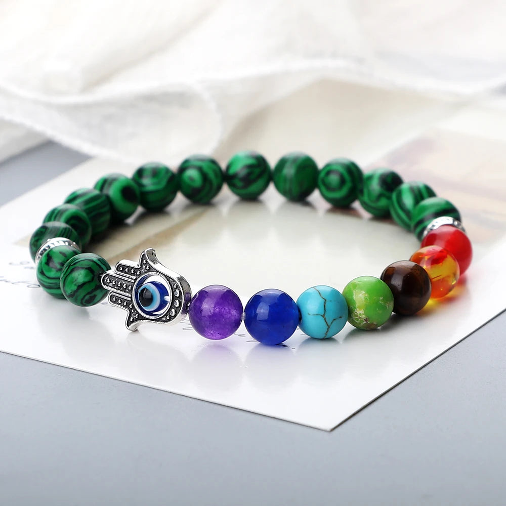 7 Chakra Bracelet - Natural Tiger Eye, Lava, Onyx & Agate Beads with Turkish Evil Eye & Hand of Fatima Charms