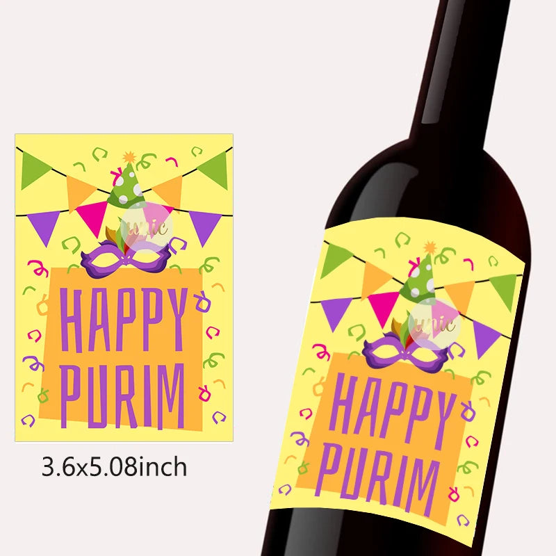 Purim Wine Bottle Labels – 12pcs Self-Adhesive Stickers for Jewish Festival Decor