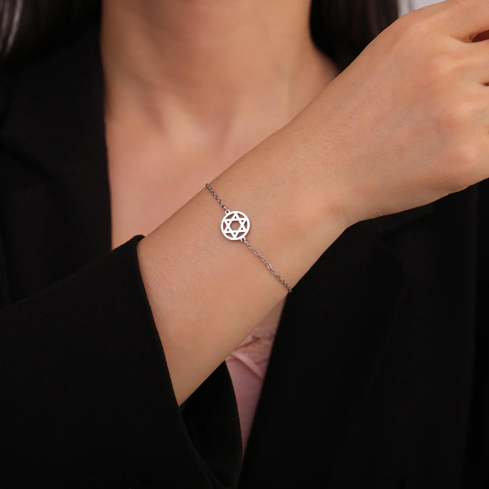 Stainless Steel Star of David Charm Bracelet - Adjustable Hexagram Amulet Jewelry